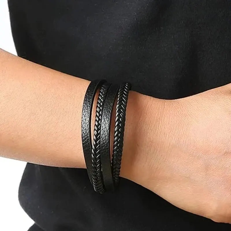 BAZARRR-Pulseiras de Couro para Homens, Aço Inoxidável, Multicamadas, com Corda Entrançada, Pulseiras Masculinas